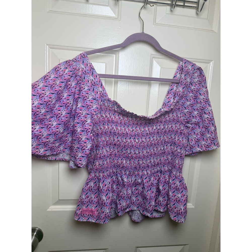 Simply Southern XL Paisley Smocked Blouse Pink Purple Flutter Sleeve Peplum Top